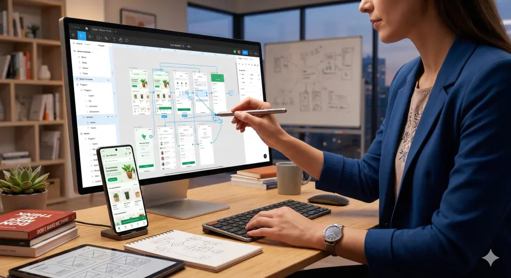 تحويل تصميم 6 شاشات لتطبيق إلى نموذج تفاعلي (Interactive Prototype) باستخدام Figma.