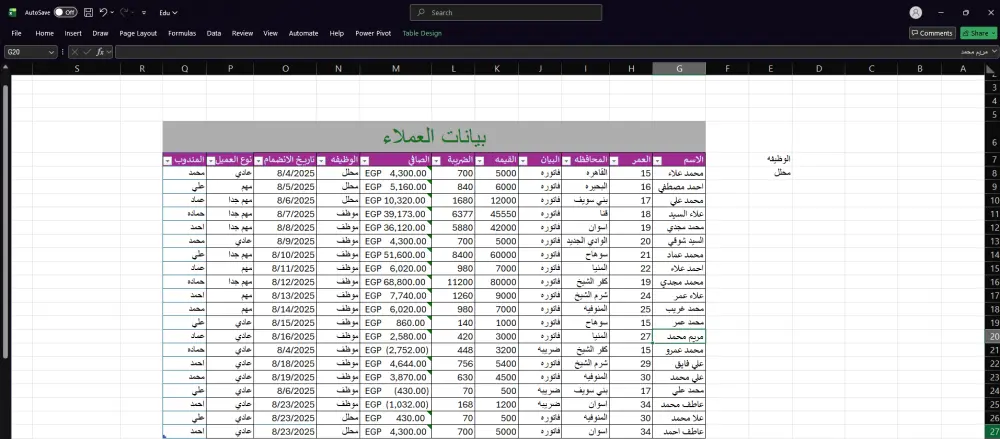 انا اقوم بادخال بيانات في الاكسل وتنسيقها في جداول