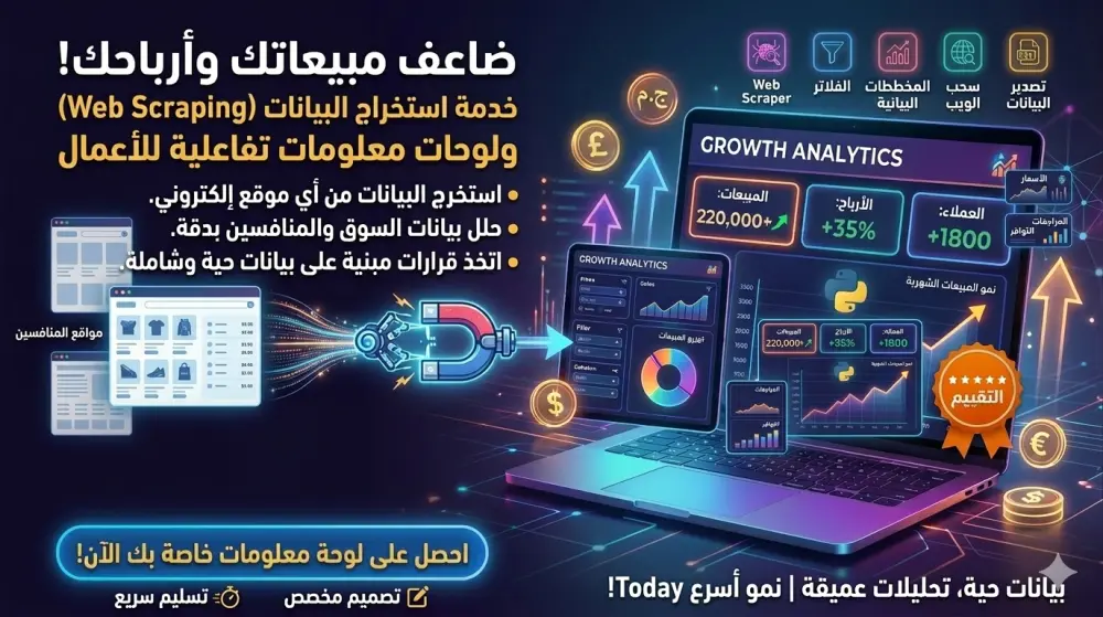 استخراج بيانات الويب (Web Scraping) وتصميم لوحات تحكم تفاعلية (Dashboards) لنمو أعمالك