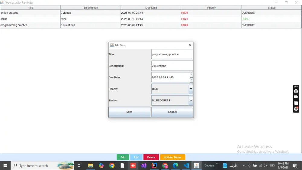 إمكانية إضافة مهام جديدة وتعديلها وحذفها.نظام تذكير تلقائي يظهر إشعار عند اقتراب موعد المهمة.إمكانية طلب دعم لتخصيص بعض المميزات أو تعديل الواجهة.
