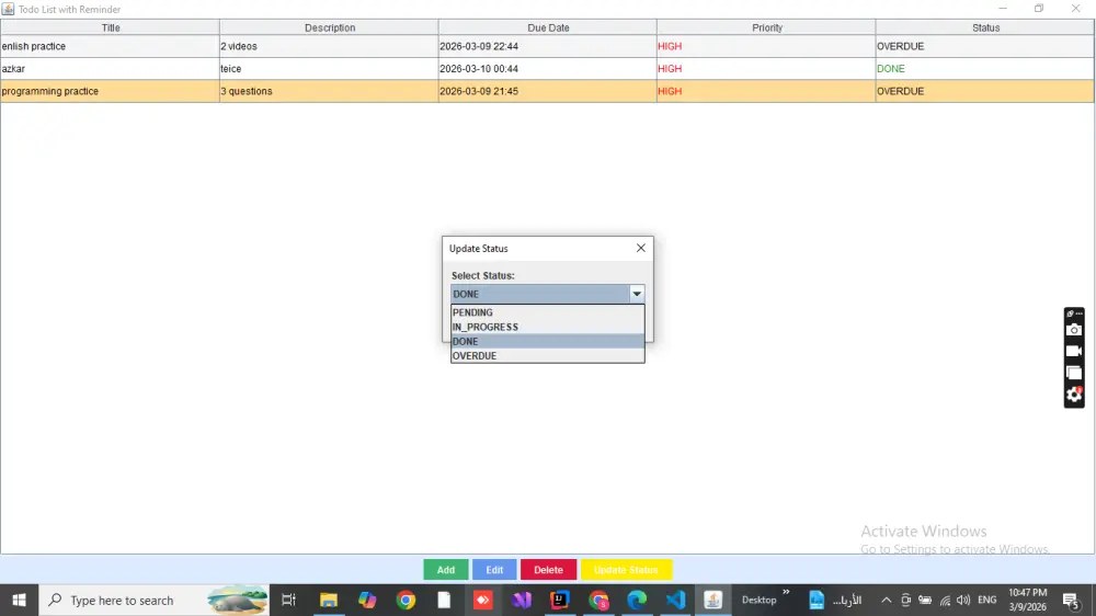 إمكانية إضافة مهام جديدة وتعديلها وحذفها.نظام تذكير تلقائي يظهر إشعار عند اقتراب موعد المهمة.إمكانية طلب دعم لتخصيص بعض المميزات أو تعديل الواجهة.