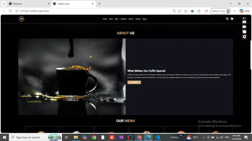 موقع ويب لمقهى Coffee Corner باستخدام HTML و CSS و JavaScript