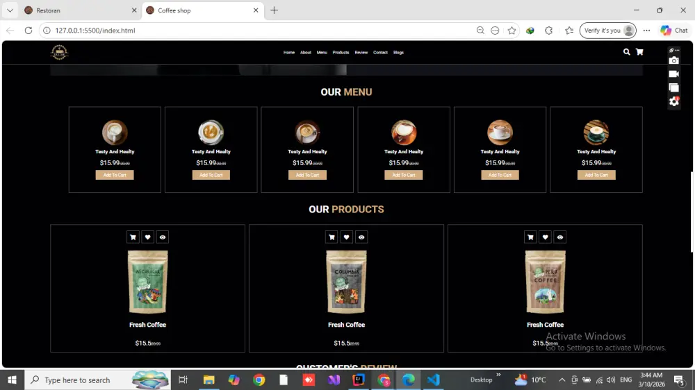 موقع ويب لمقهى Coffee Corner باستخدام HTML و CSS و JavaScript