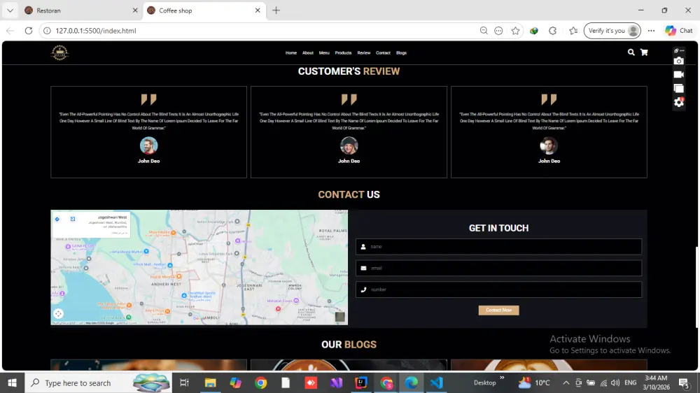 موقع ويب لمقهى Coffee Corner باستخدام HTML و CSS و JavaScript