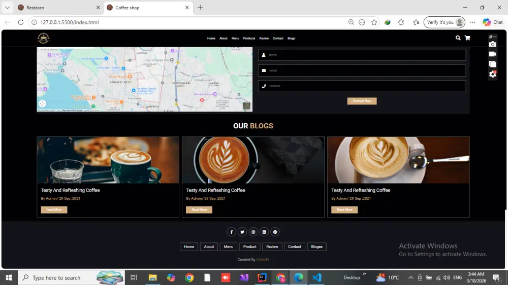 موقع ويب لمقهى Coffee Corner باستخدام HTML و CSS و JavaScript