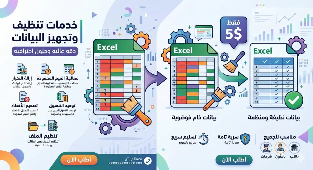 هل بياناتك مليئة بالأخطاء أو غير مرتبة؟ سأحولها إلى بيانات نظيفة ومنظمة وجاهزة للتحليل أو الاستخدام