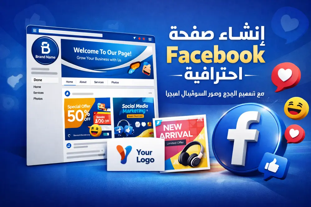 انشاء صفحه Facebook احترافيه مع تصميم اللوجو و صور السوشيال ميديا