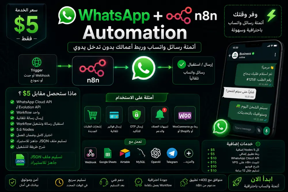 سأقوم بربط واتساب مع n8n وإنشاء WhatsApp Automation احترافي
