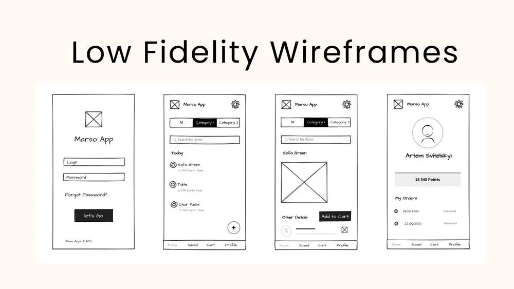 "تصميم Wireframe بسيط لعدد 3 شاشات لتطبيق أو موقع"