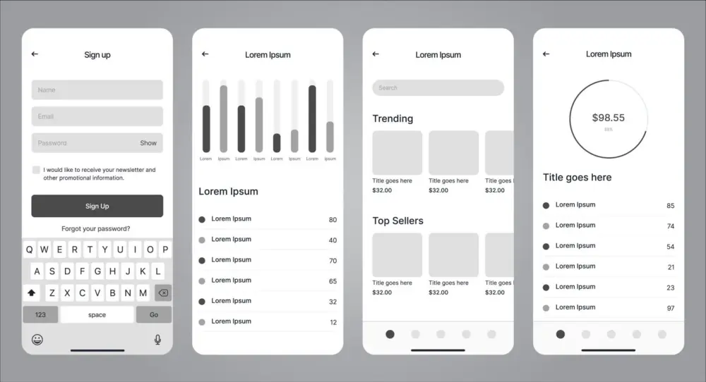 "تصميم Wireframe بسيط لعدد 3 شاشات لتطبيق أو موقع"