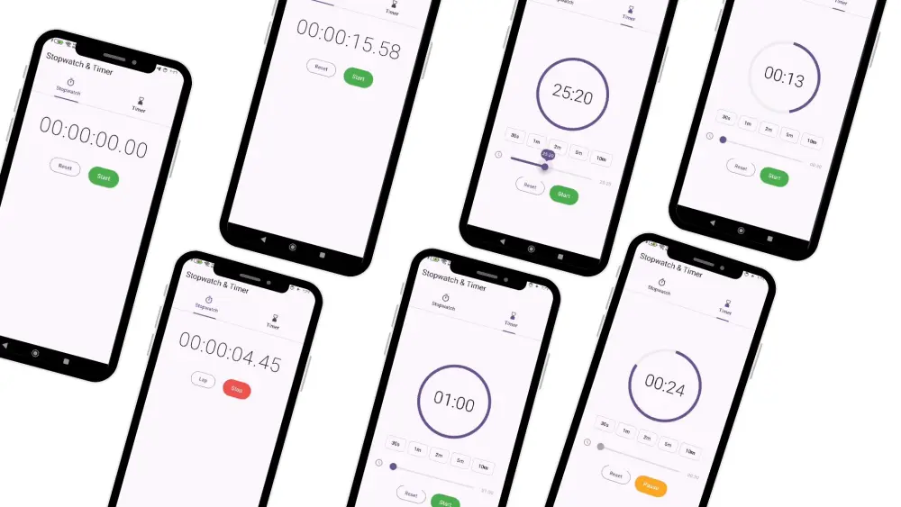 تطوير تطبيق Stopwatch & Timer احترافي بنظام Flutter (أندرويد و iOS).