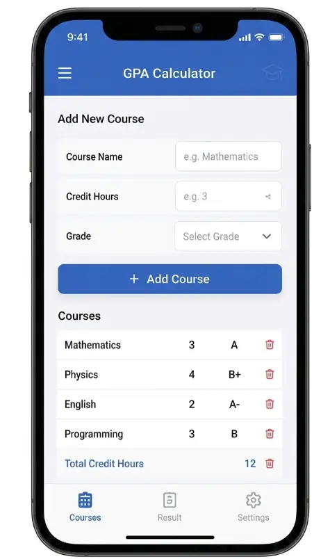 سأقوم ببرمجة تطبيق احترافي لحساب المعدل التراكمي GPA/CGPA بواجهة سهلة وجذابة، مع إمكانية إضافة المواد والساعات المعتمدة والتقديرات وحساب المعدل بدقة وفق النظام المطلوب.