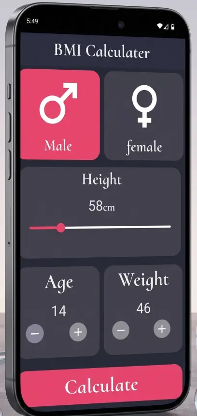 أقدم لك تطبيق BMI Calculator بسيط باستخدام Flutter 🔹 تطبيق يساعد المستخدم على حساب مؤشر كتلة الجسم بسهولة 🔹 عرض النتيجة مع تصنيف الحالة الصحية بشكل فوري 🔹 واجهة مستخدم بسيطة وسهلة الاستخدام ومناسبة للمشاريع التعليمية والتطبيقات البسيطة