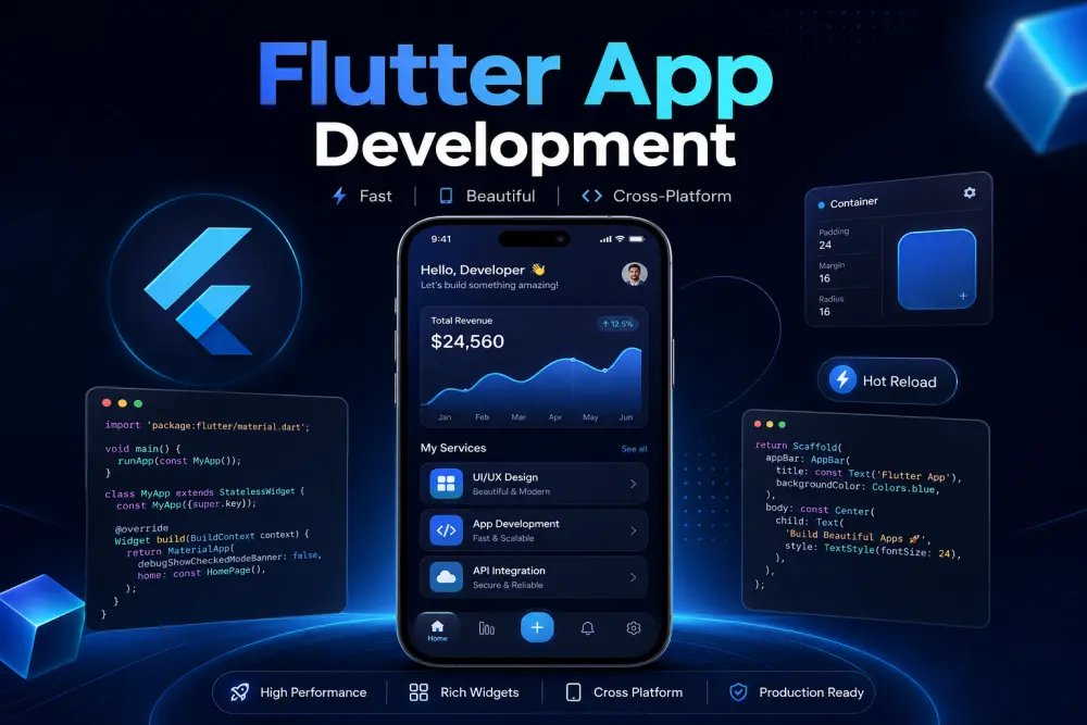 أقدم لك خدمة تطوير تطبيق موبايل احترافي باستخدام Flutter يعمل على Android وiOS