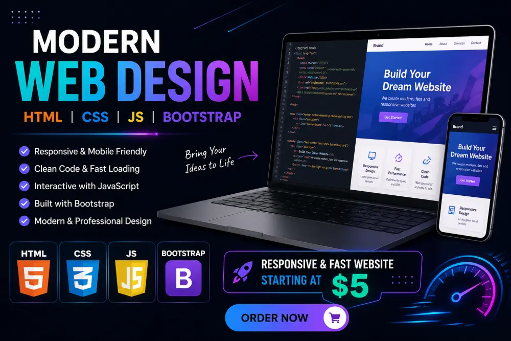"تصميم وتطوير صفحات ويب تفاعلية وسريعة باستخدام HTML, CSS, JavaScript و Bootstrap"