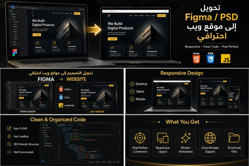 تحويل تصميم Figma أو PSD إلى صفحات ويب احترافية ومتجاوبة