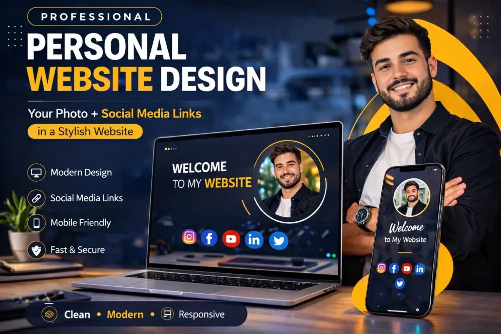 سأصمم لك موقع شخصي احترافي يعرض صورتك وروابط السوشيال ميديا