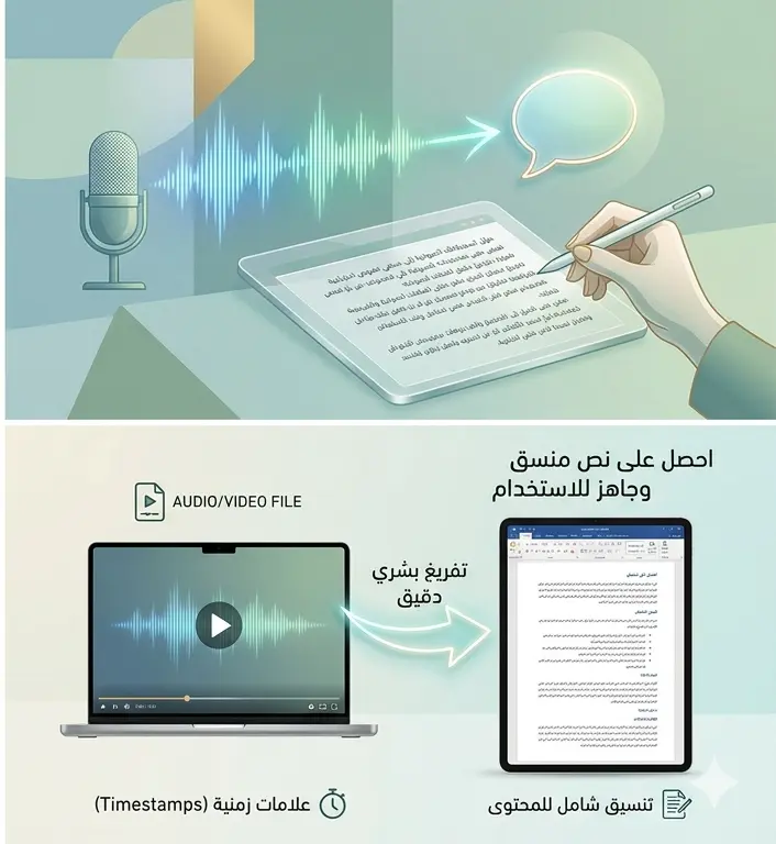 تفريغ صوتي دقيق للملفات الصوتية والفيديوهات وتنسيقها في ملفات Word