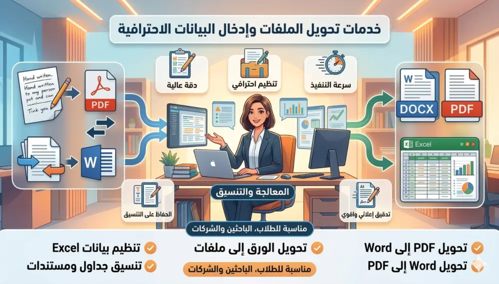 سأقوم بتحويل ملفات PDF إلى Word أو العكس وإدخال البيانات بدقه