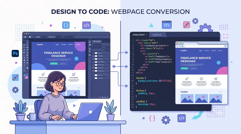 تحويل تصميم PSD أو XD إلى HTML, CSS, JavaScript