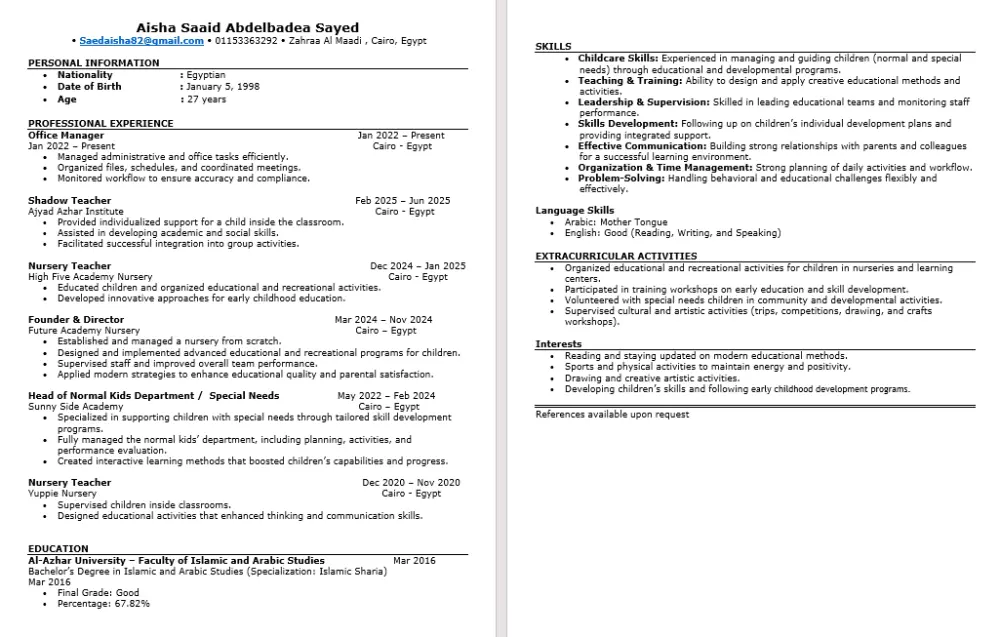 سأصمم لك سيرة ذاتية احترافية ATS CV تزيد فرص قبولك في الوظائف
