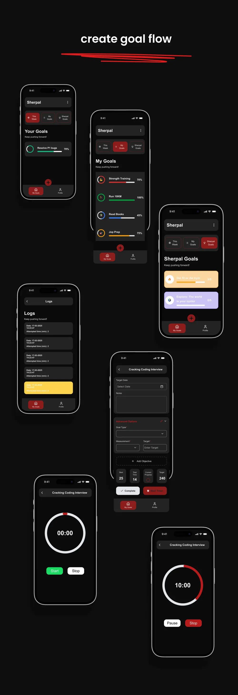 تصميم تطبيق موبايل احترافي لتتبع الأهداف (Goal Tracking App UI/UX) يساعد المستخدمين على تنظيم أهدافهم اليومية ومتابعة تقدمهم بشكل واضح وسهل.
