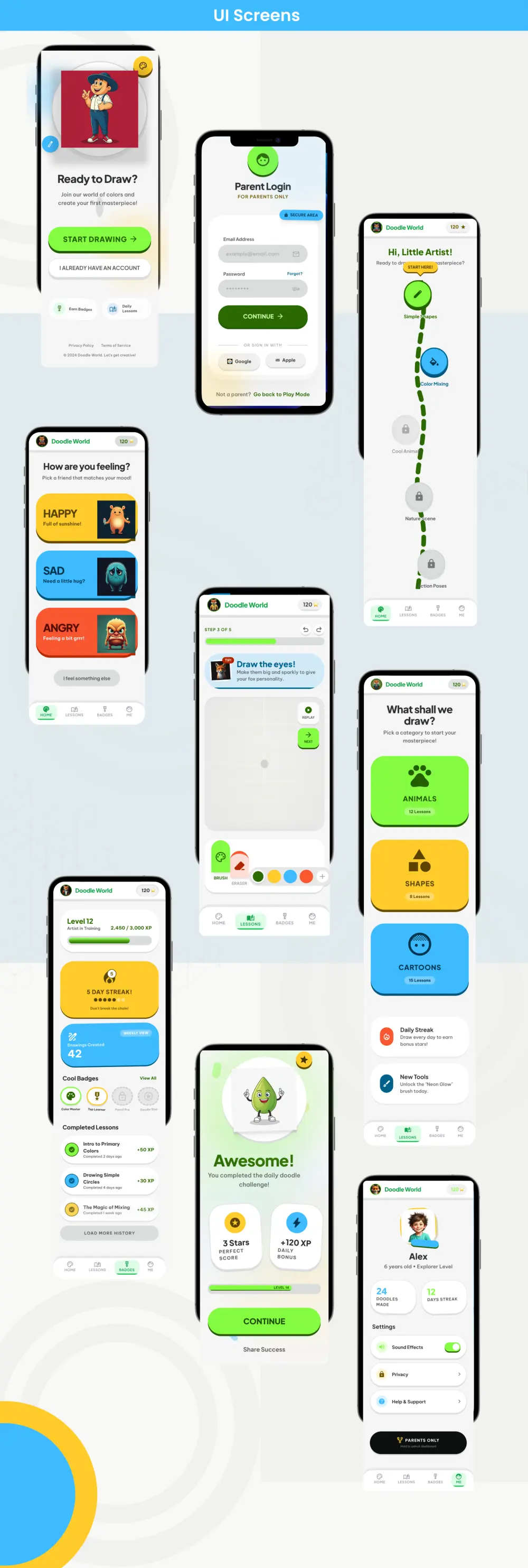 تصميم UI/UX لتطبيق تعليم الرسم للأطفال (5–8 سنوات)