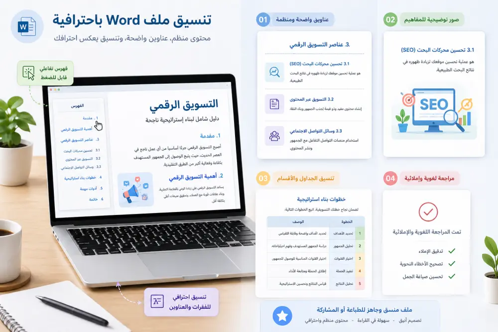 تنسيق ملفات Word بشكل احترافي وتنظيم المحتوى بالكامل