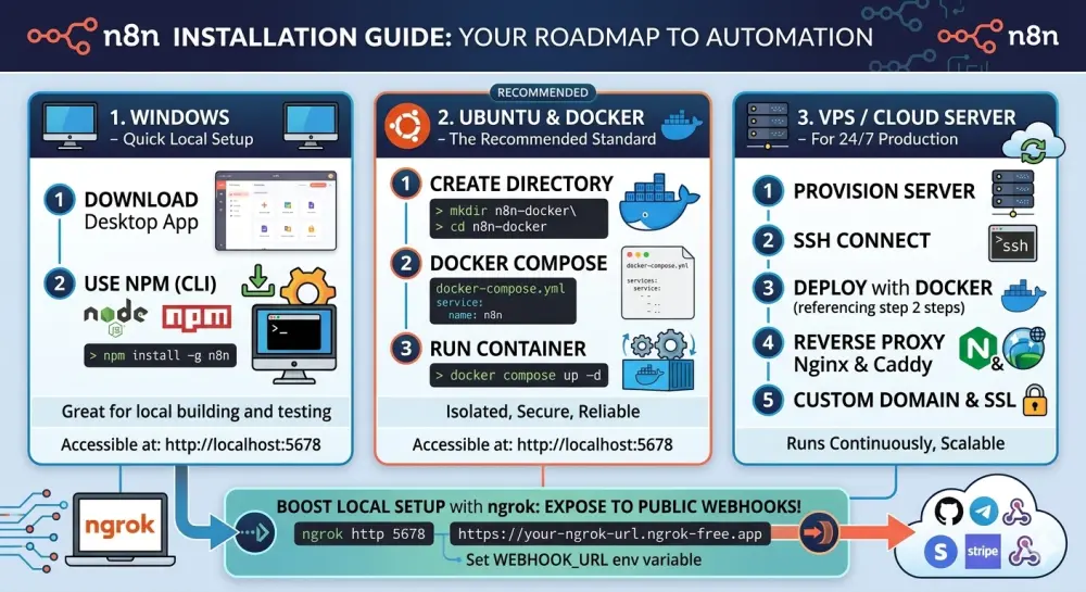 تثبيت واعداد n8n سواء تشغيلها على الجهاز الشخصي او استضافه