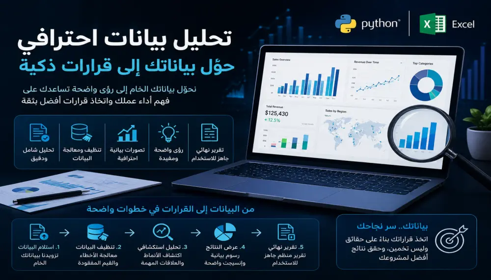 تجهيز وتنظيف البيانات (Data Cleaning): ترتيب وتنقية ملف البيانات الخاص بك من الأخطاء والتكرارات، وسد الفجوات والقيم المفقودة لضمان دقة التحليل بنسبة 100%.