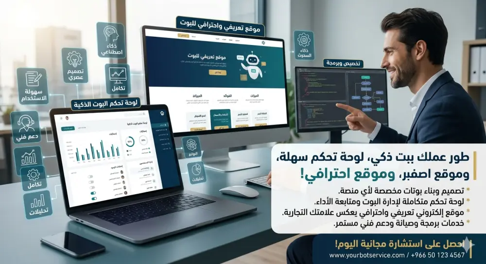 برمجة بوتات ذكية (WhatsApp/Telegram) مع لوحة تحكم وموقع تعريفي