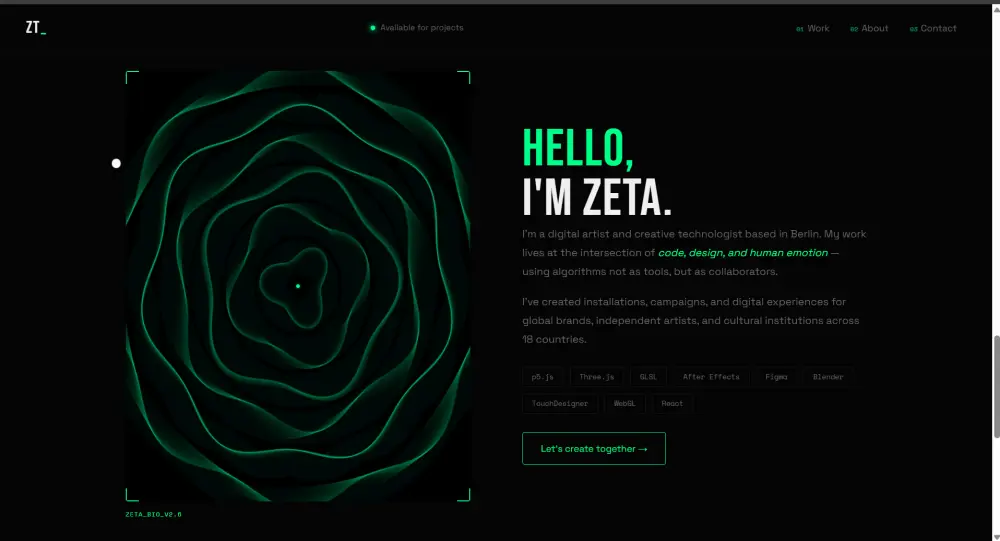 بورتفوليو إبداعي فاخر بتأثيرات Glitch وحركات كانفاس حية
