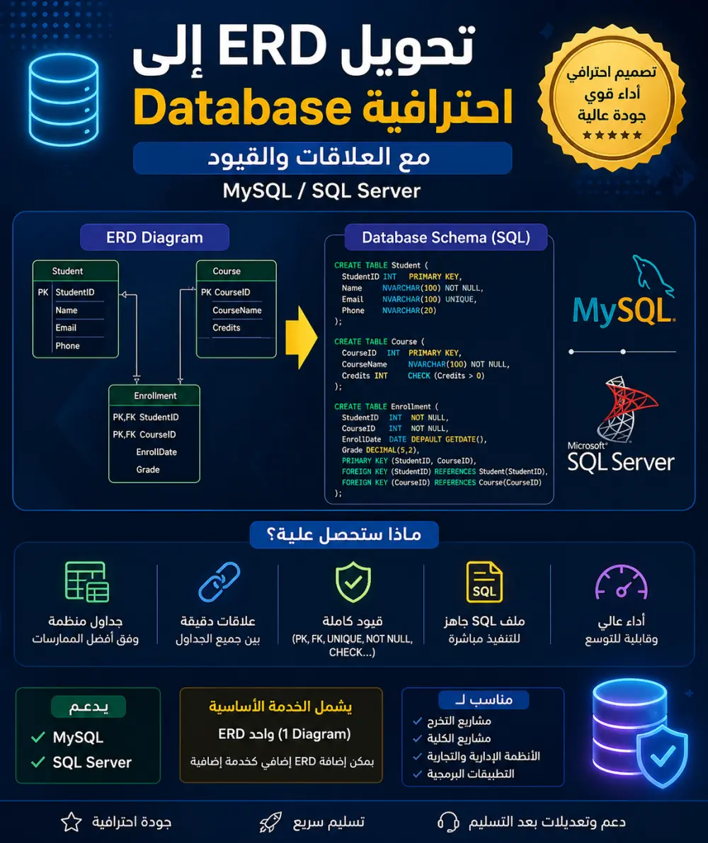 حوّل ERD إلى Database احترافية جاهزة (MySQL / SQL Server) مع تصميم كامل للعلاقات والقيود