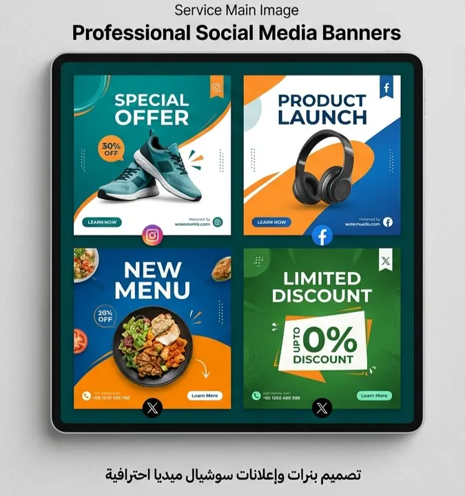 تصميم بنرات وإعلانات سوشيال ميديا احترافية وجذابة لمتجرك أو شركتك.