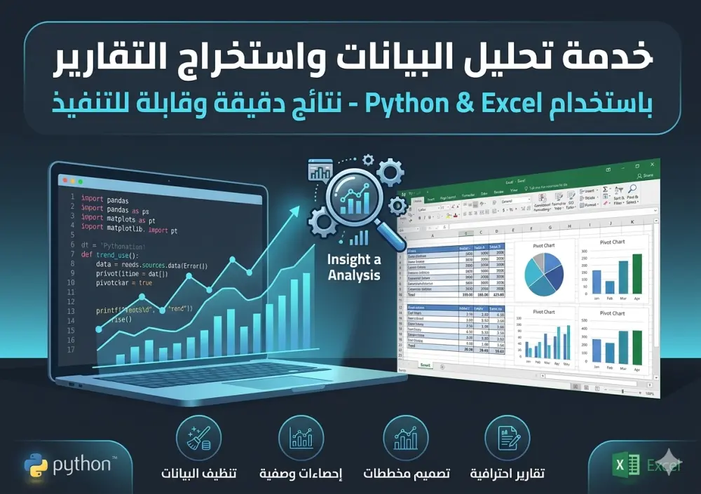 حليل البيانات واستخراج التقارير الإحصائية والرسوم البيانية باستخدام Python و Excel.