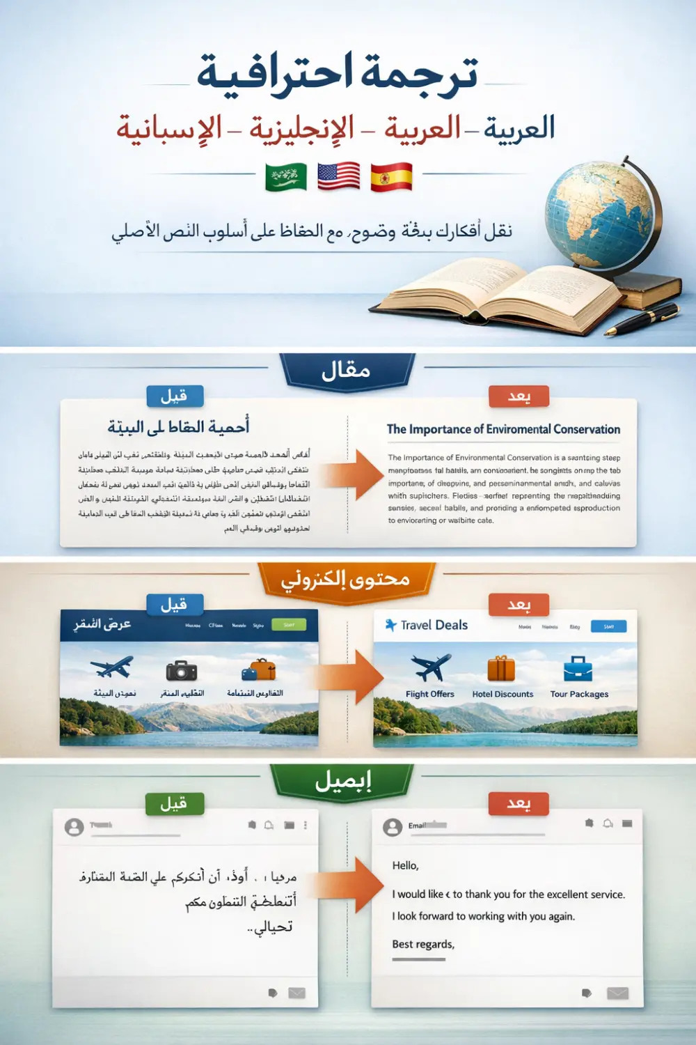 ترجمة (عربي ↔ إنجليزي / عربي ↔ إسباني) كتابة محتوى بسيط تدقيق لغوي