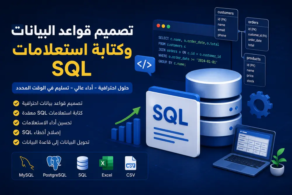 سأقوم بتصميم قواعد البيانات وكتابة استعلامات SQL باستخدام MySQL & PostgreSQL