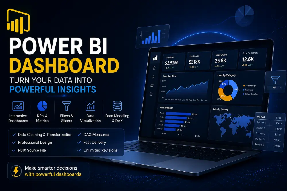 سأقوم بتصميم لوحة معلومات احترافية وتفاعلية باستخدام Power BI لتحليل بيانات الأعمال واتخاذ قرارات أفضل