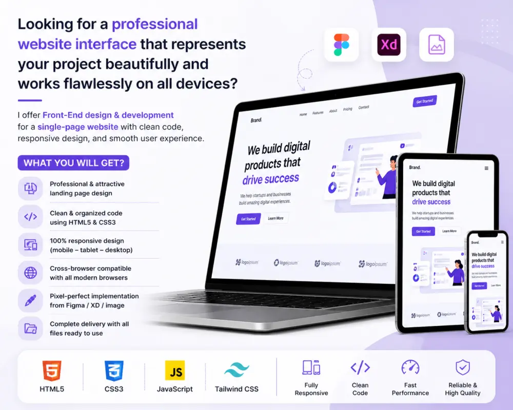 سأقوم بتصميم وتطوير واجهة مستخدم Front-End احترافية لصفحة ويب واحدة، "أحول تصاميمك المبتكرة إلى واقع ملموس عبر أكواد نظيفة