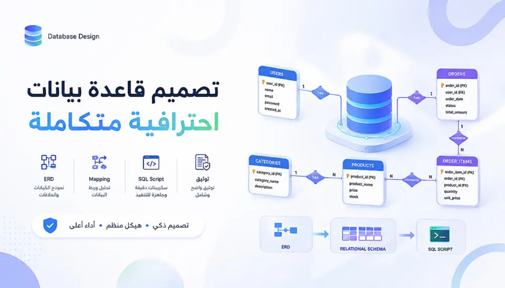 سأصمم لك قاعدة بيانات احترافية بـ MySQL أو sql server مع ERD