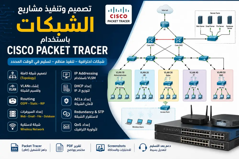 تصميم وتنفيذ مشاريع Cisco Packet Tracer و CCNA باحترافية