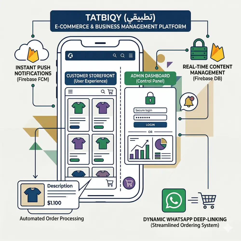 برمجة تطبيق متجر إلكتروني متكامل (نسختين: مستخدم + لوحة تحكم) باستخدام Flutter و Firebase.