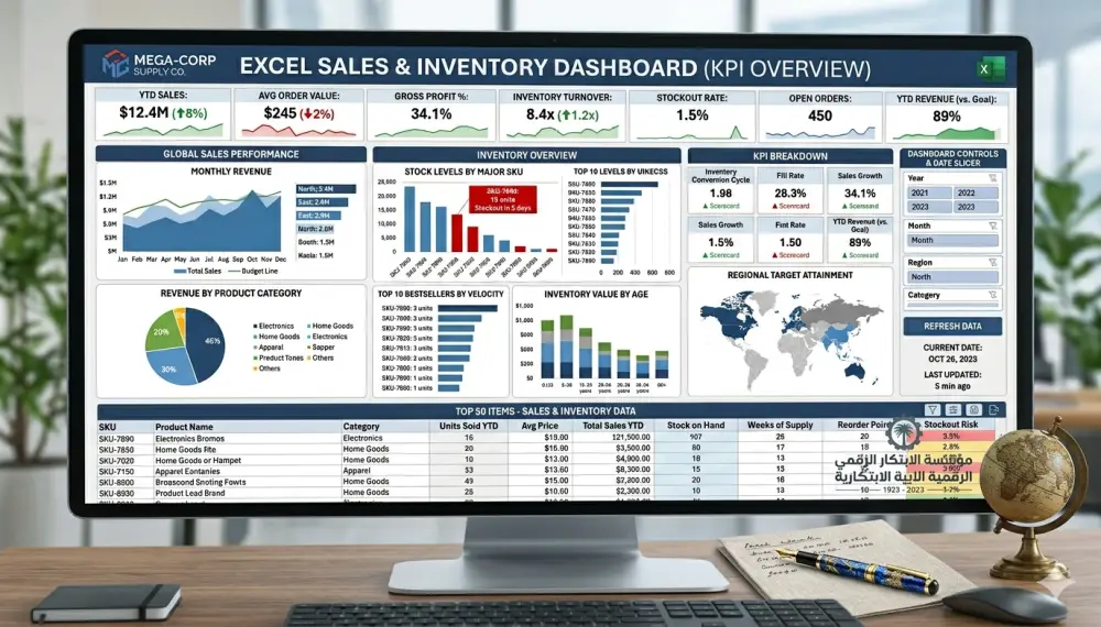هصمملك Dashboard تفاعلي يساعدك تتابع كل مؤشرات شغلك (المخزون – المبيعات – الأداء) بشكل سهل وواضح.