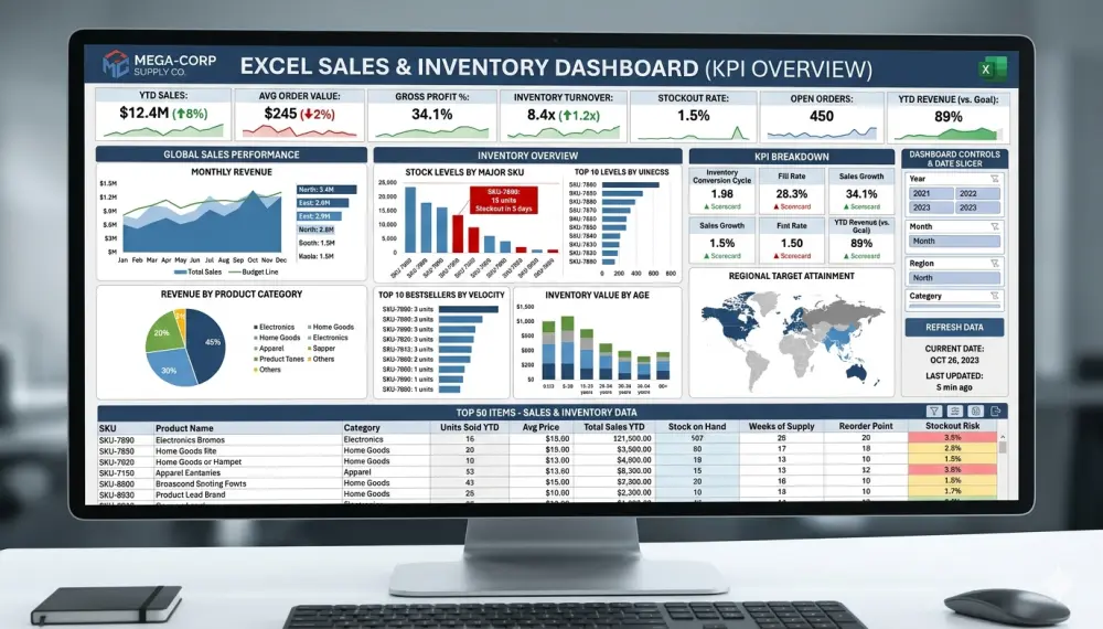 هصمملك Dashboard تفاعلي يساعدك تتابع كل مؤشرات شغلك (المخزون – المبيعات – الأداء) بشكل سهل وواضح.