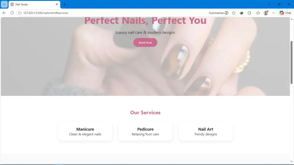 Landing Page احترافية لمجال العناية بالأظافر (Nails) بأسلوب عصري وجذاب