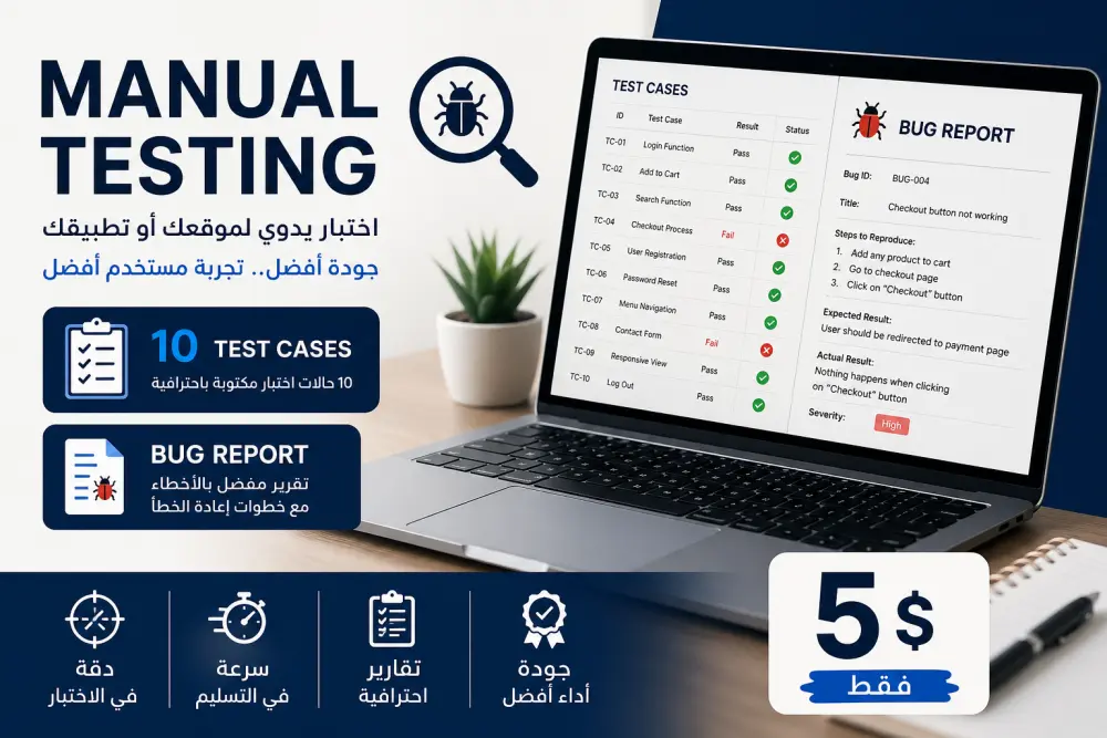 سأقوم بعمل Manual Testing لموقعك أو تطبيقك مع 10 حالات اختبار وتقارير أخطاء مفصلة مقابل 5 دولار