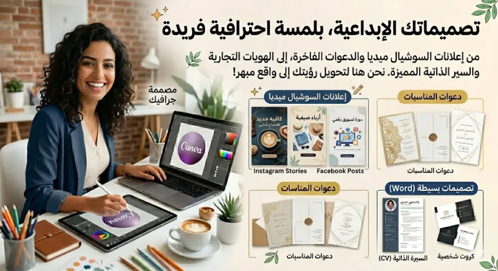أقدم تصميم إعلانات جذابة وكتابة تقارير بشكل احترافي ومنظم، مع جودة عالية وتسليم سريع وتعديلات حسب الطلب.