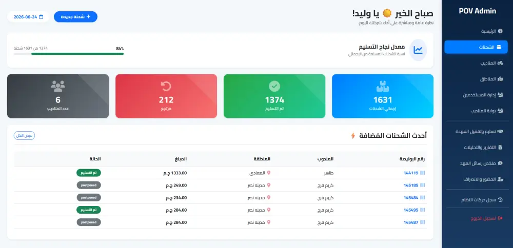 برمجة وتطوير نظام متكامل لإدارة شركات الشحن (نظام تتبع، مناديب، وإدارة طرود)
