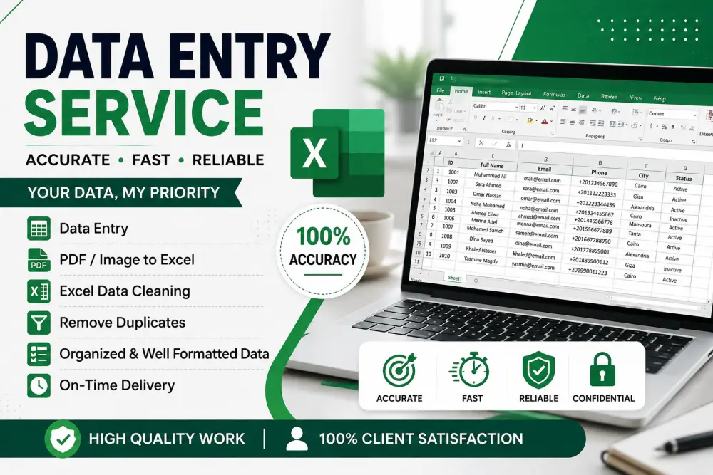 سأقوم بإدخال وتنظيم البيانات باحترافية باستخدام Excel وGoogle Sheets