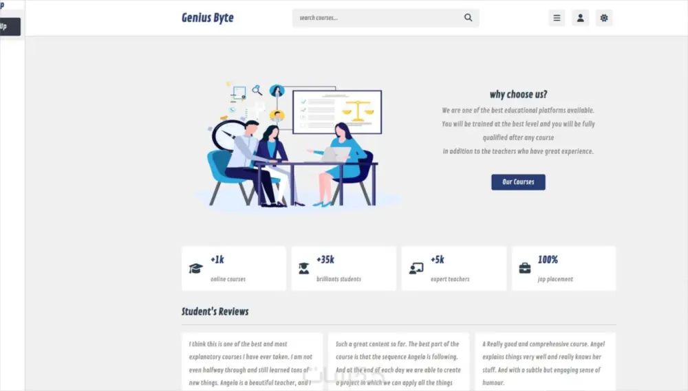 تصميم وتطوير موقع منصة كورسات باستخدام HTML, CSS, JavaScript